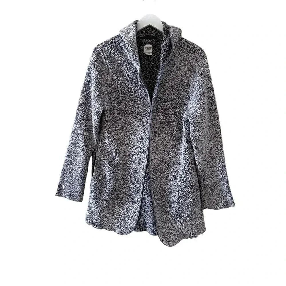 Pink Victorias Secret Gray Open Front Sherpa Hooded Cardigan Jacket Sz OS# 1482